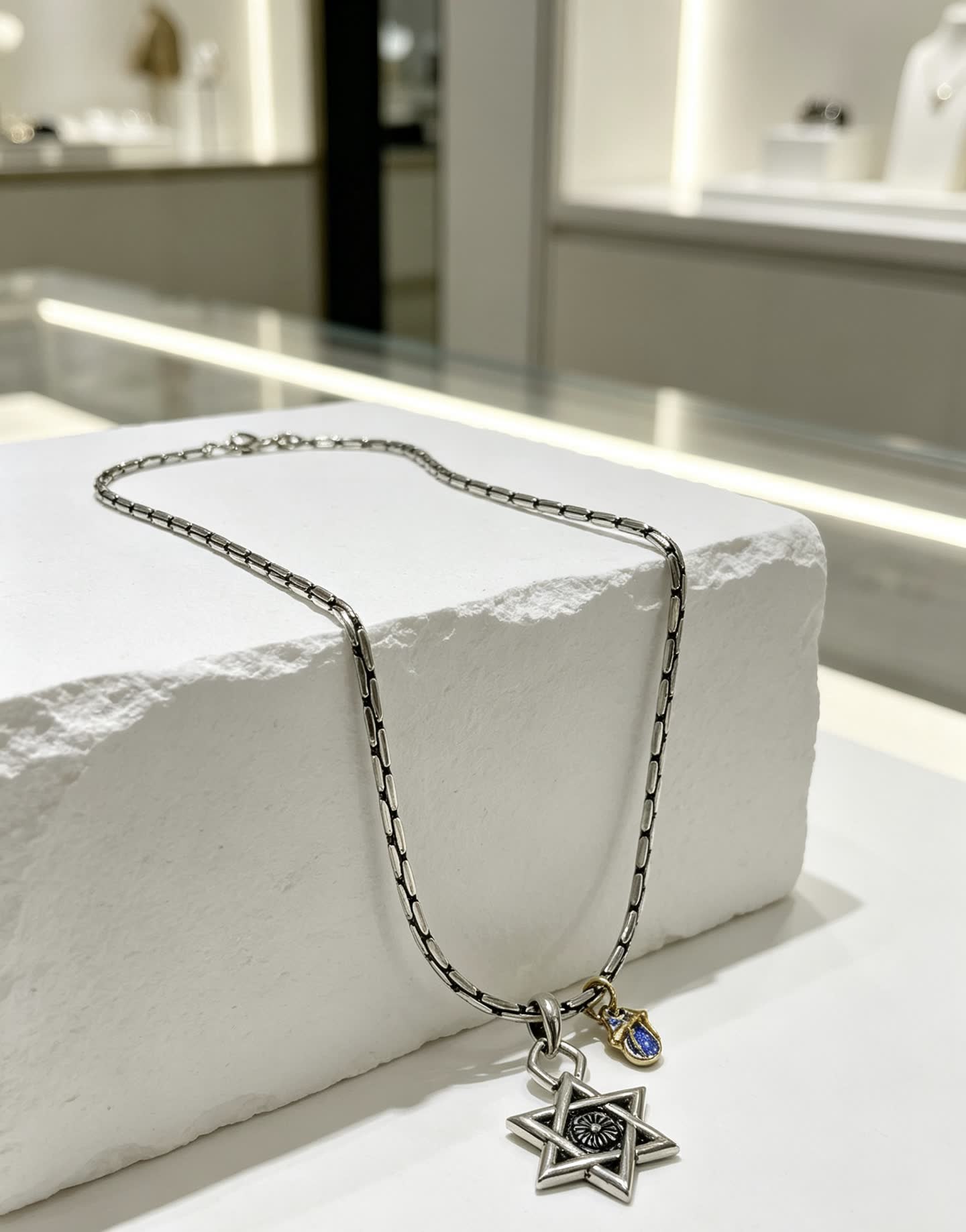 Chrome Hearts Silver Star of David Necklace with Blue Enamel Charm